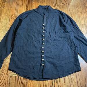Ouku Men's Cotton Linen Mandarin Collar Button Down Shirt Black Size XL